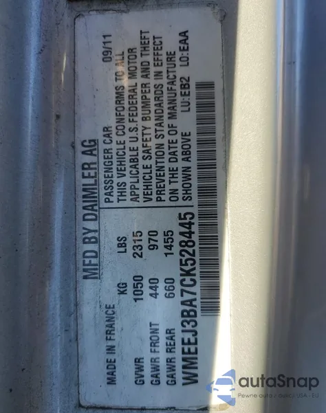 2012 Smart Fortwo Pure z USA, uszkodzony, nr VIN WMEEJ3BA7CK528445